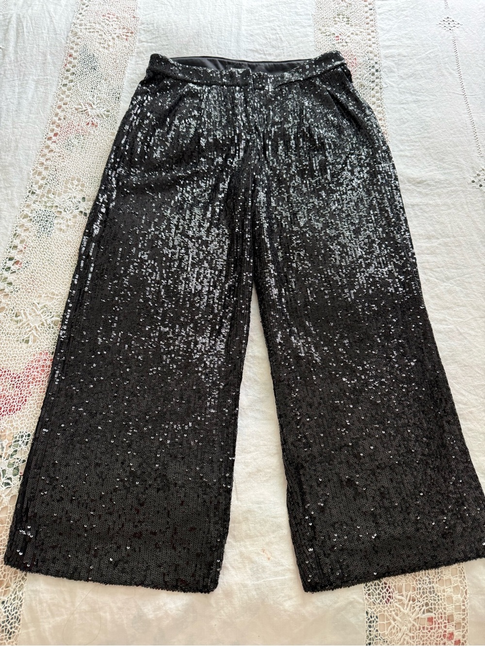Express Black Sequin Cropped High Rise Wide Leg Pants Trouser Culottes M Party